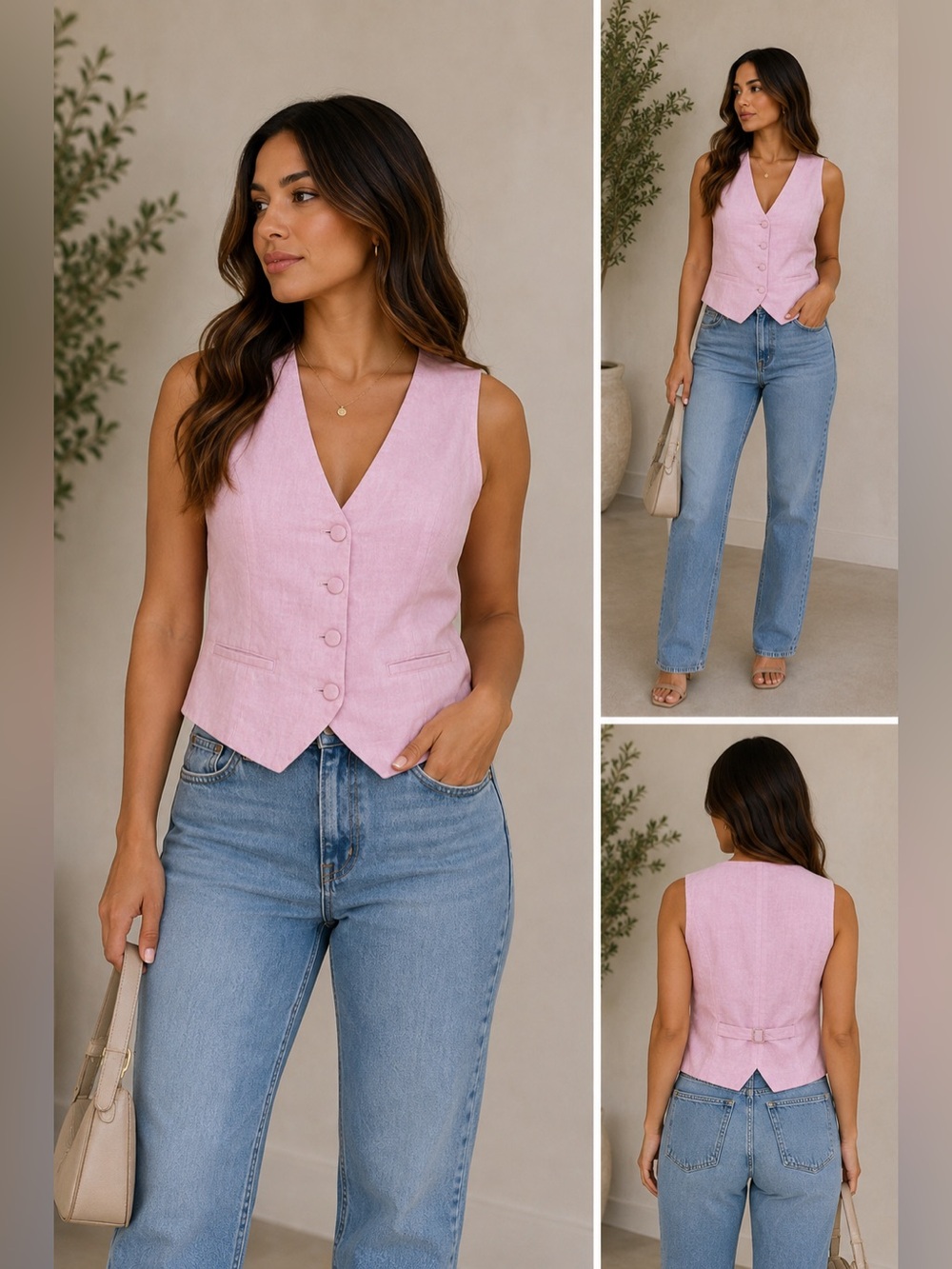 Studio F Pink Linen Blend Waistcoat Vest Adjustable Back Size 6